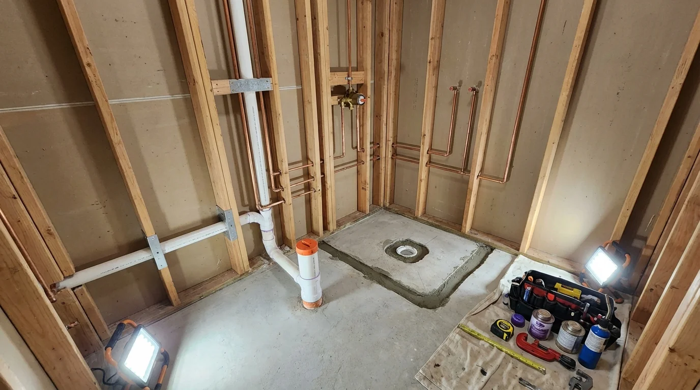 Bathroom rough-in plumbing during remodel by Johns Plumbing LLC in Turners Falls