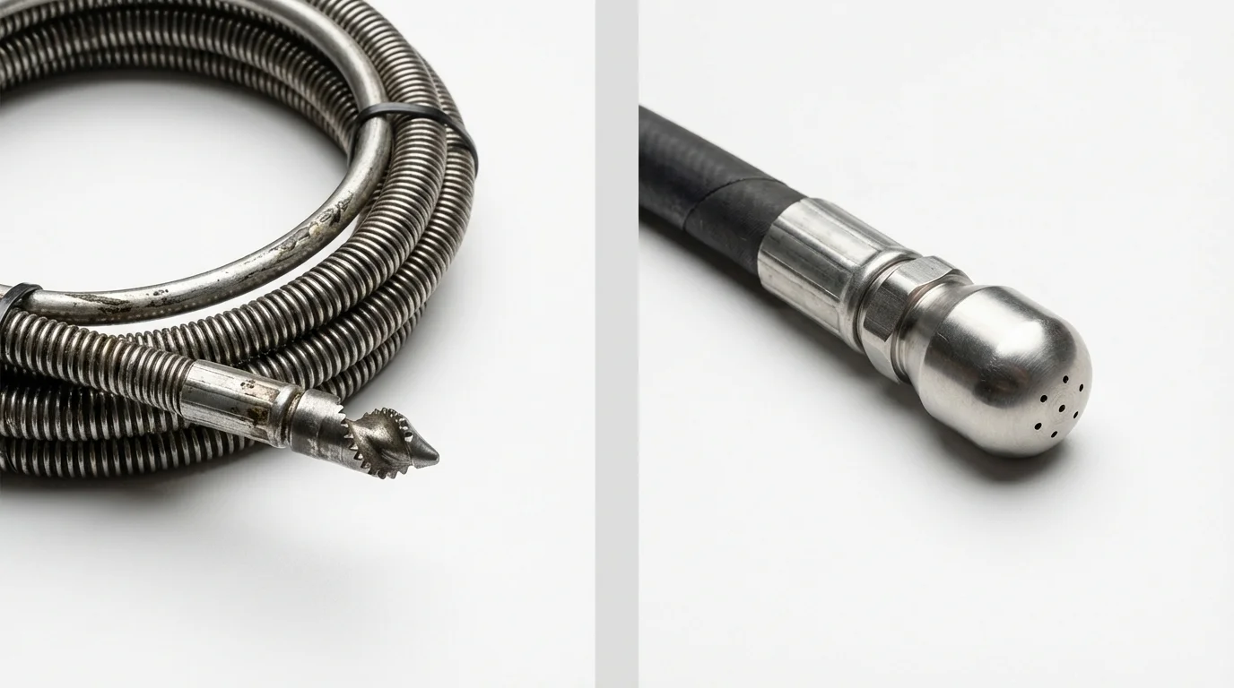 Drain snake cable and hydro jetting nozzle used for drain cleaning in Turners Falls, MA