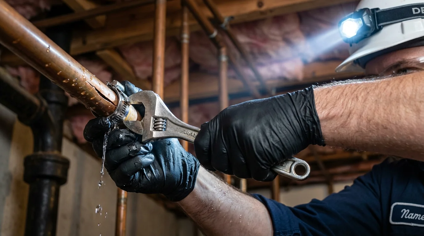 Emergency pipe clamp repair being performed by a Johns Plumbing LLC plumber in Turners Falls