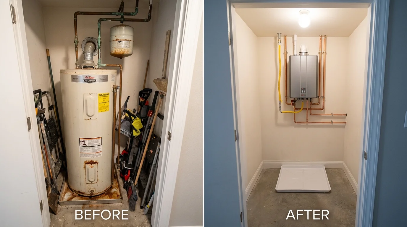 Tank water heater versus wall-mounted tankless unit comparison for Turners Falls, MA homeowners