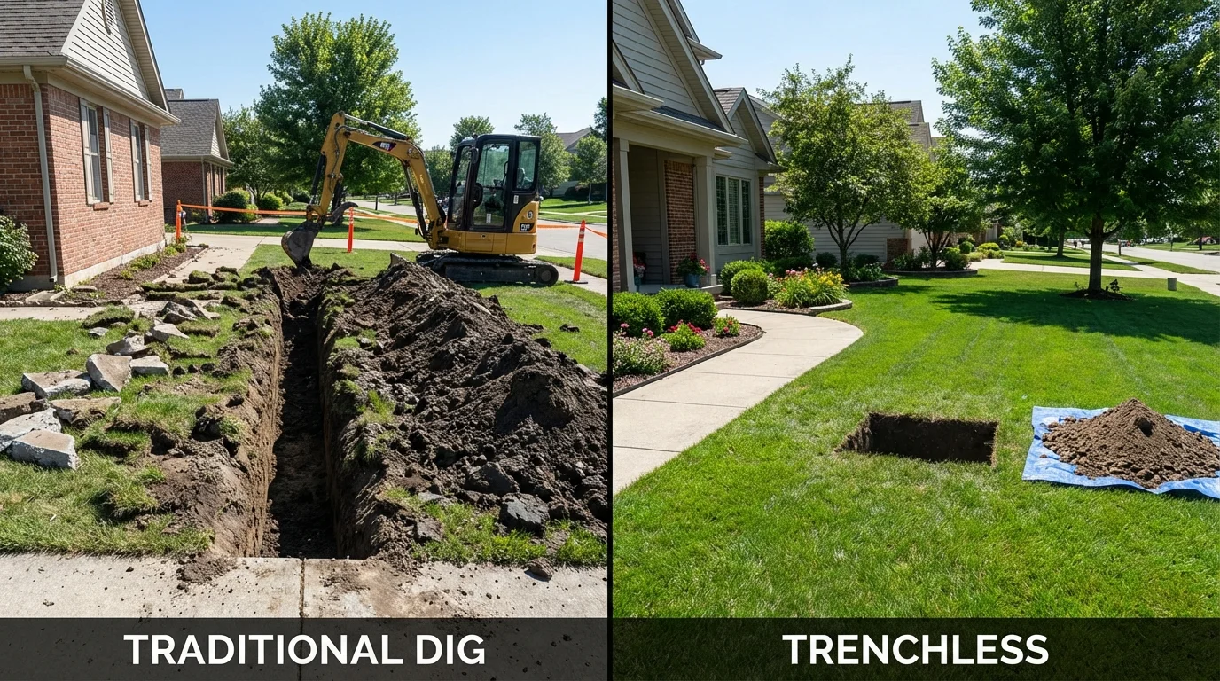 Trenchless sewer repair with minimal yard damage versus traditional excavation in Turners Falls, MA