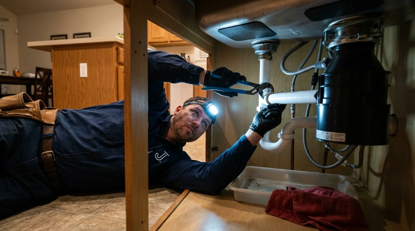 P-trap and supply line connections under a kitchen sink showing a common leak point in Turners Falls, MA